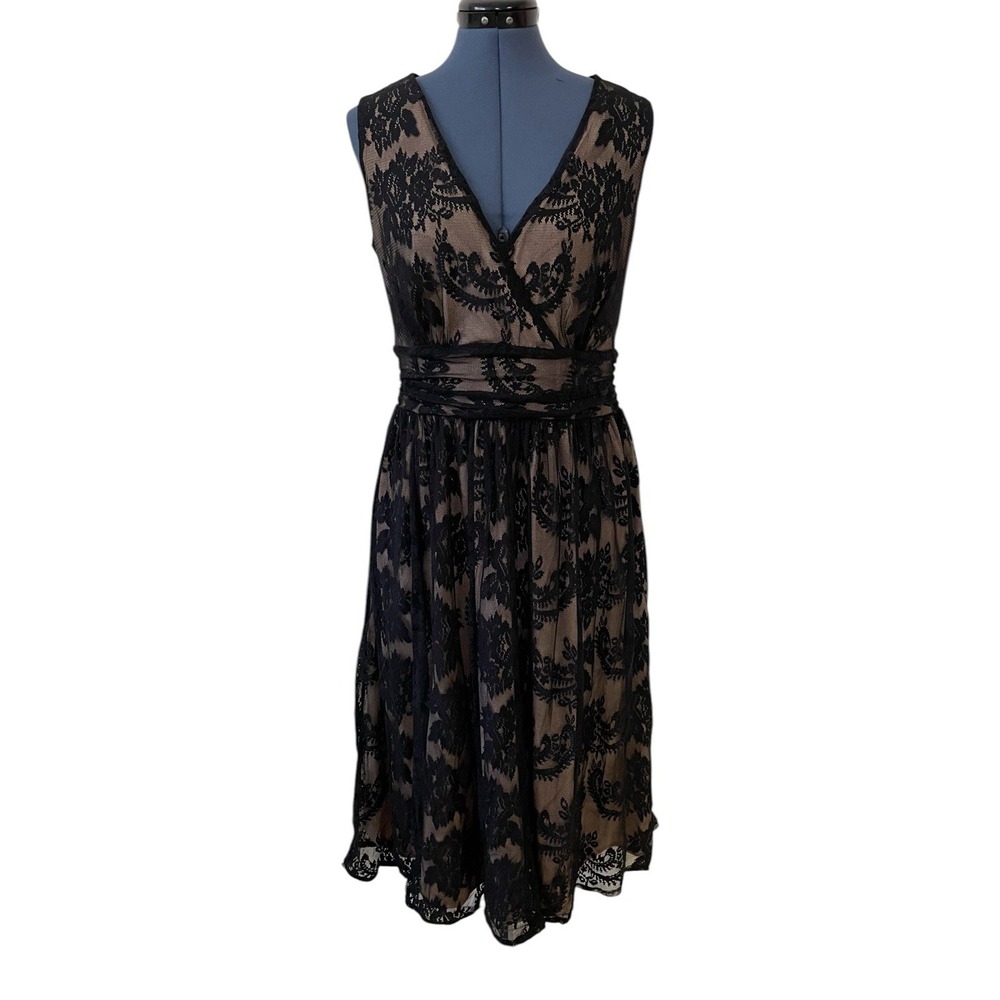 Vtg Newport News Black Floral Lace Fit Flare Midi Dress Whimsigoth Party Y2K 16P